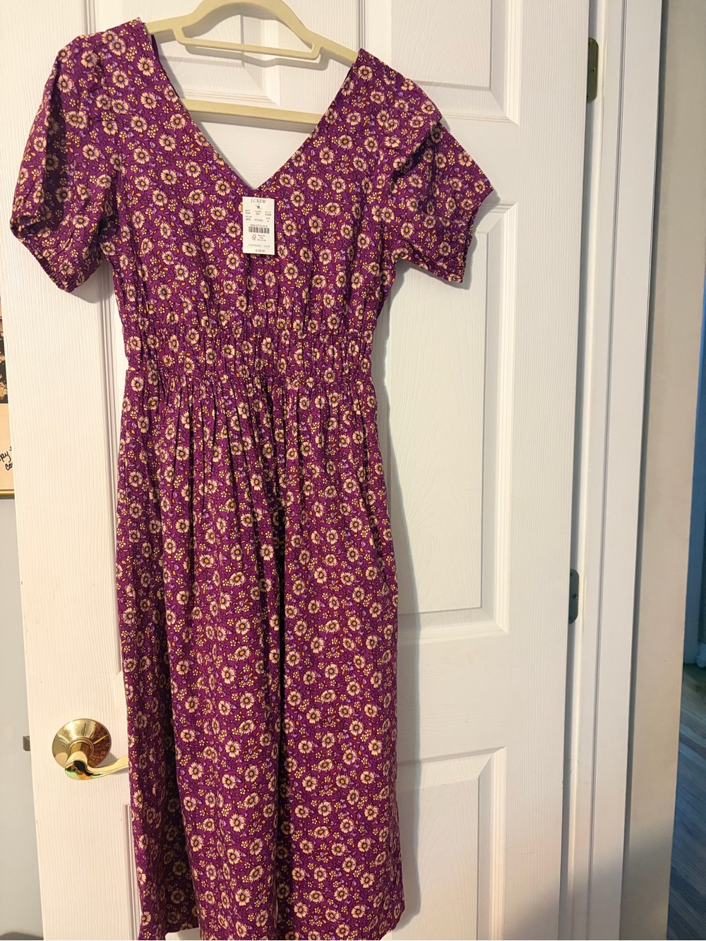 J. Crew Purple Floral V-Neck Midi Dress with Short Sleeves